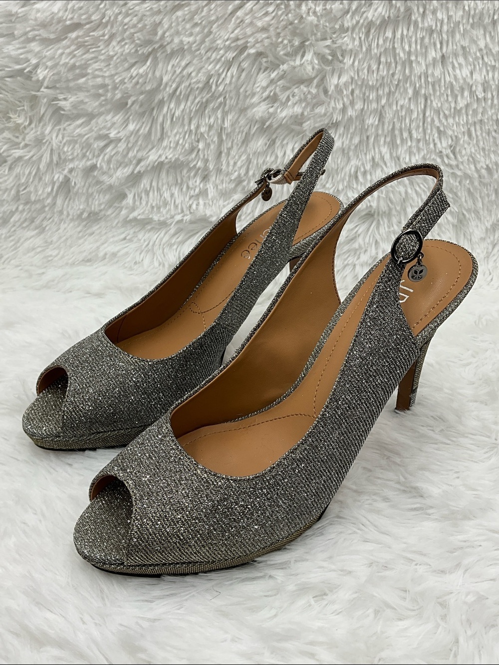 J.Renee Heels Size 10 Silver Sparkle Slingback Peep-Toe Stilettos